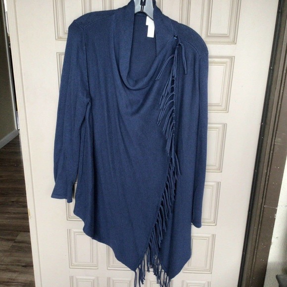 Chico's Sz1 Wrap Sweater Navy Fringe Long Sleeves Knit Pre-Owned - Picture 1 of 9
